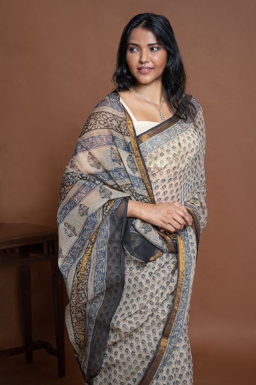 ICH Exclusive Kota Chanderi. Bagru Hand Block Printed Saree - Beige Flora - Image 2