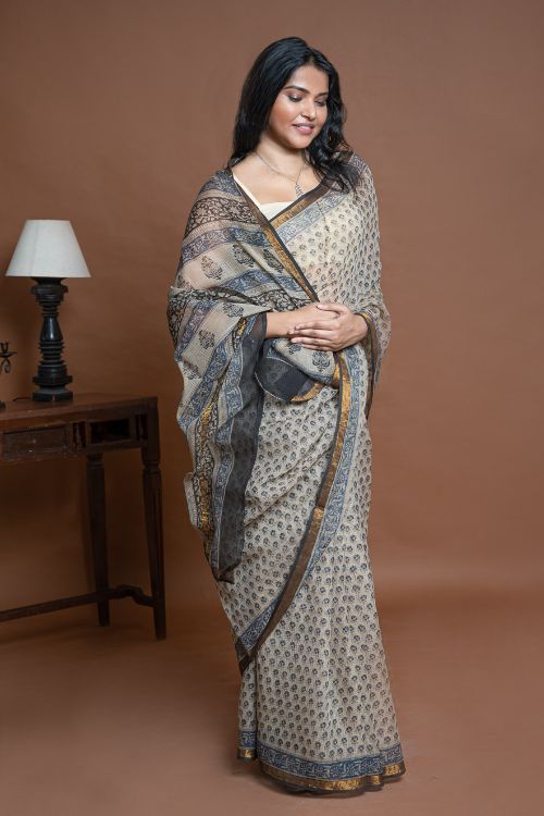 ICH Exclusive Kota Chanderi. Bagru Hand Block Printed Saree - Beige Flora - Image 4