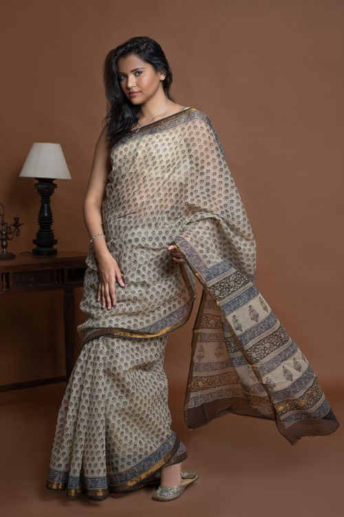 ICH Exclusive Kota Chanderi. Bagru Hand Block Printed Saree - Beige Flora - Image 7