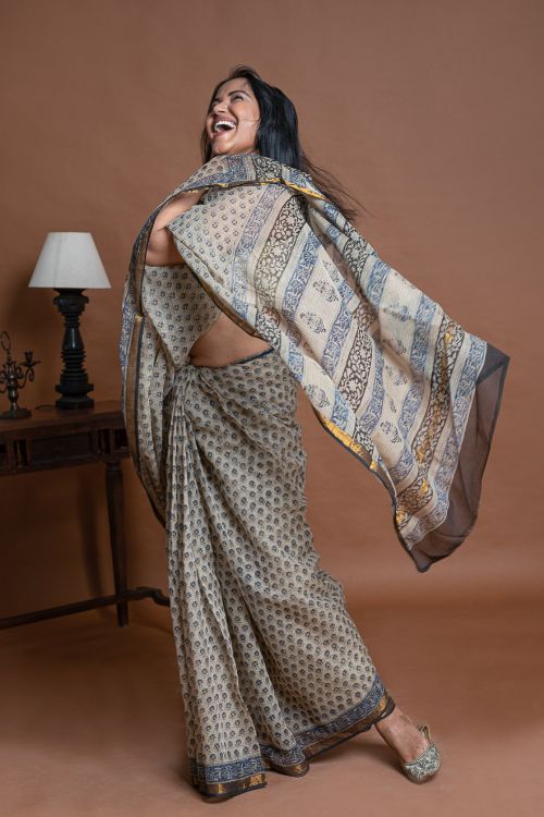 ICH Exclusive Kota Chanderi. Bagru Hand Block Printed Saree - Beige Flora - Image 9