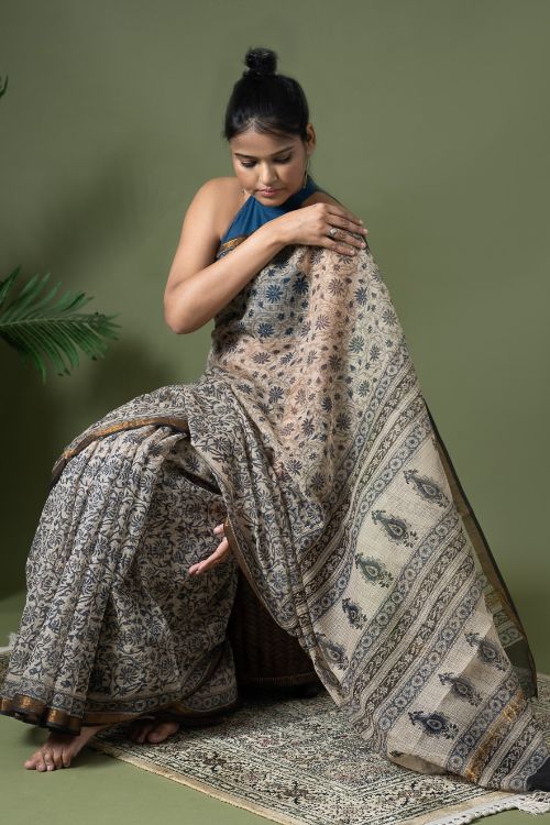 ICH Exclusive Kota Chanderi. Bagru Hand Block Printed Saree - Beige Jaal - Image 2