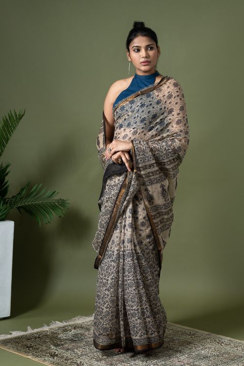 ICH Exclusive Kota Chanderi. Bagru Hand Block Printed Saree - Beige Jaal - Image 3