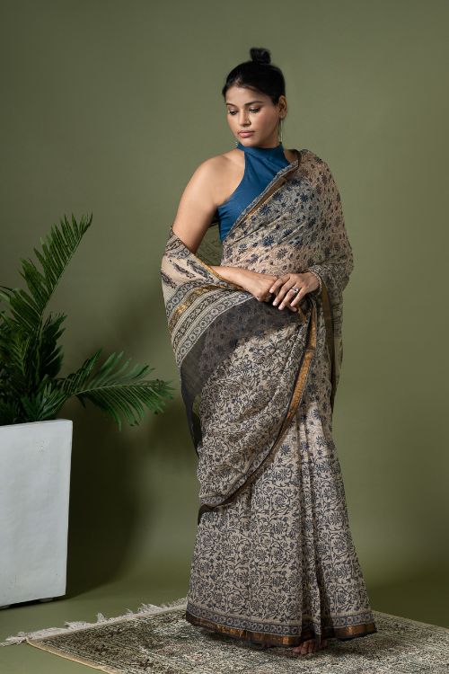 ICH Exclusive Kota Chanderi. Bagru Hand Block Printed Saree - Beige Jaal - Image 5