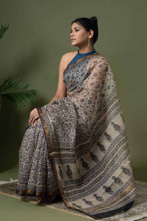 ICH Exclusive Kota Chanderi. Bagru Hand Block Printed Saree - Beige Jaal - Image 7