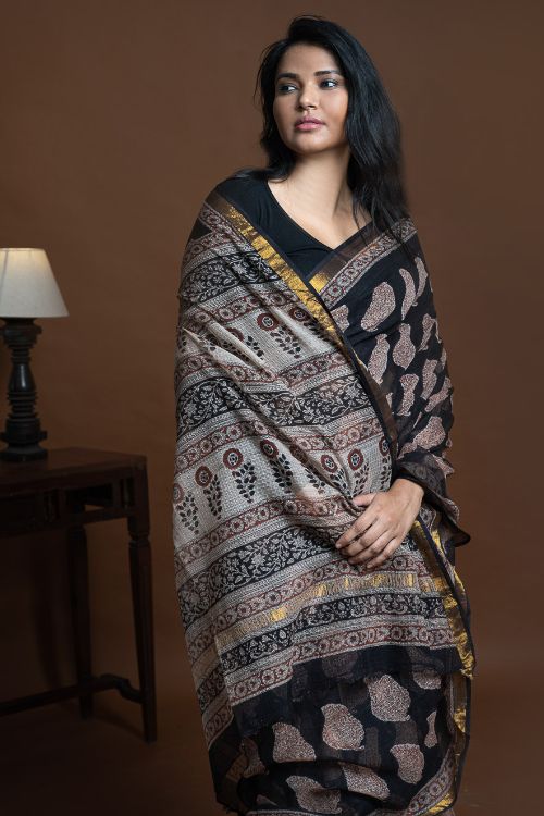 ICH Exclusive Kota Chanderi. Bagru Hand Block Printed Saree - Black Paisley - Image 2