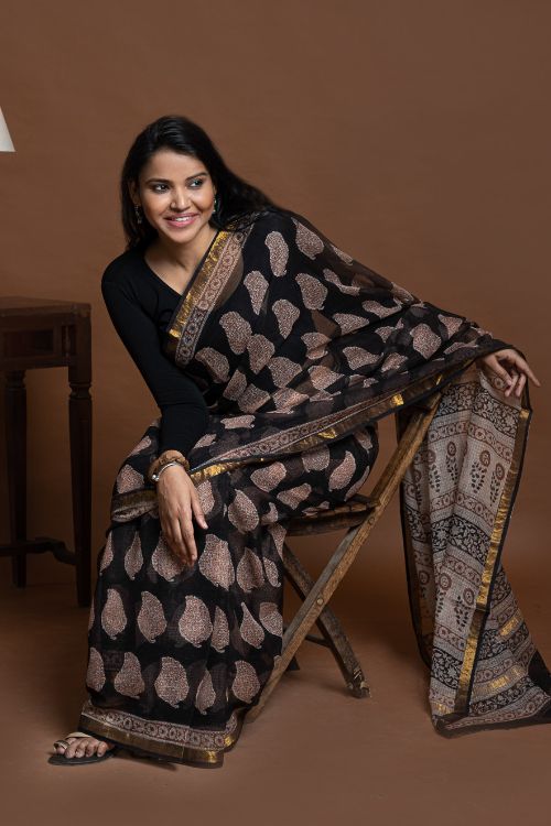 ICH Exclusive Kota Chanderi. Bagru Hand Block Printed Saree - Black Paisley - Image 4