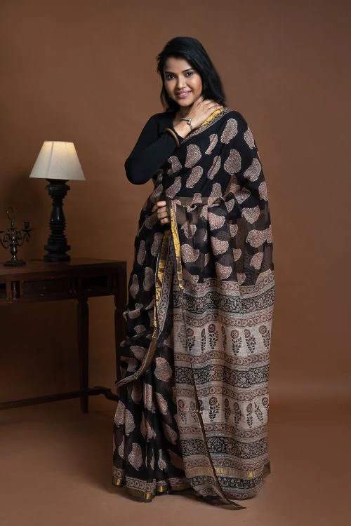 ICH Exclusive Kota Chanderi. Bagru Hand Block Printed Saree - Black Paisley - Image 5