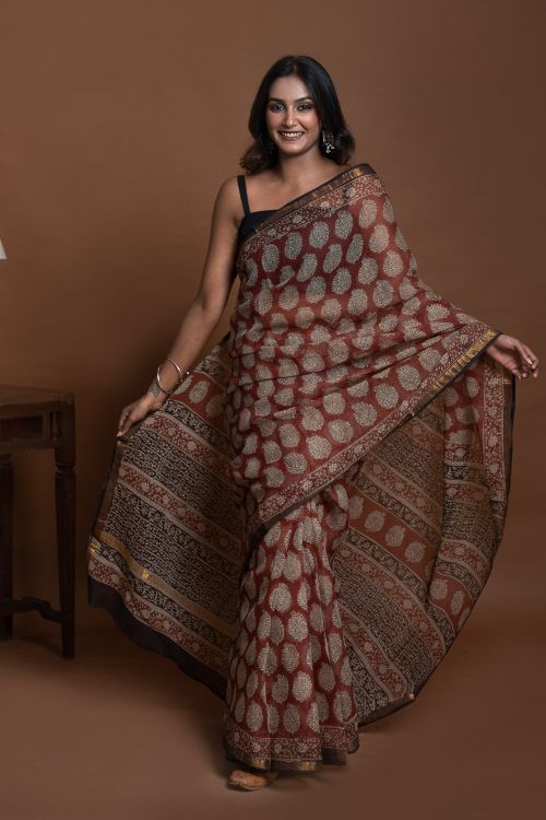 ICH Exclusive Kota Chanderi. Bagru Hand Block Printed Saree - Red Paisley