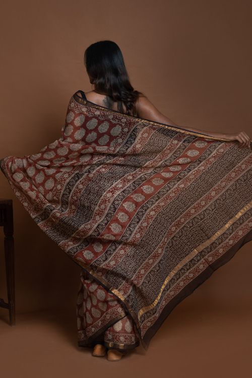 ICH Exclusive Kota Chanderi. Bagru Hand Block Printed Saree - Red Paisley - Image 3