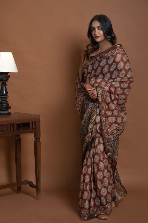 ICH Exclusive Kota Chanderi. Bagru Hand Block Printed Saree - Red Paisley - Image 4