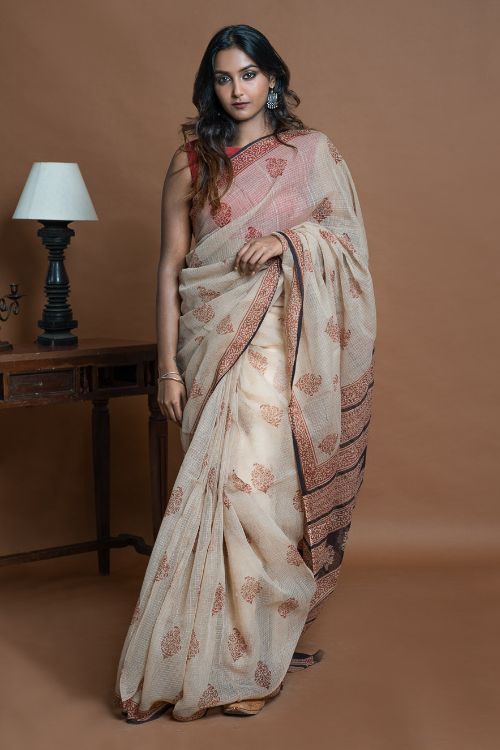 ICH Light & Breezy Bagru Hand Block Printed Kota Doria Saree - Beige Ornate