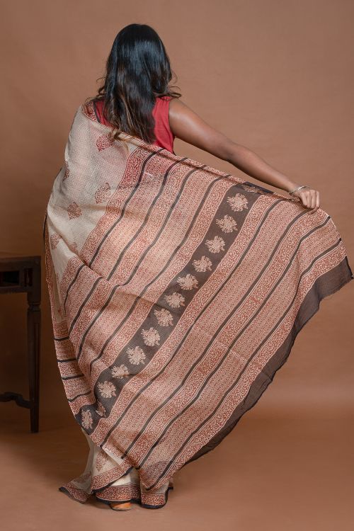 ICH Light & Breezy Bagru Hand Block Printed Kota Doria Saree - Beige Ornate - Image 10
