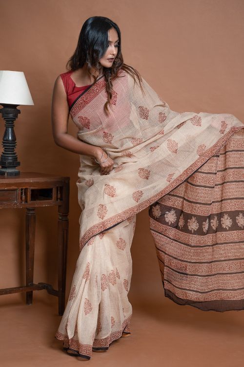 ICH Light & Breezy Bagru Hand Block Printed Kota Doria Saree - Beige Ornate - Image 11