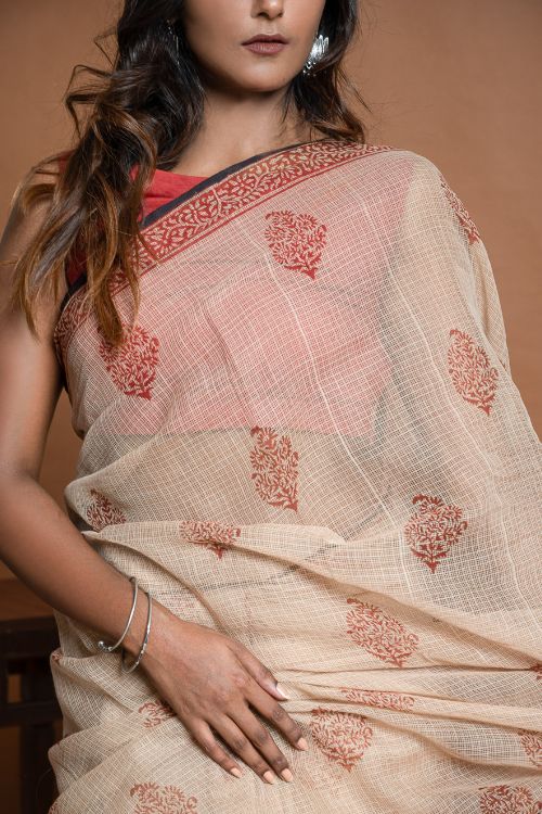 ICH Light & Breezy Bagru Hand Block Printed Kota Doria Saree - Beige Ornate - Image 2