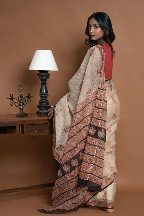 ICH Light & Breezy Bagru Hand Block Printed Kota Doria Saree - Beige Ornate - Image 6