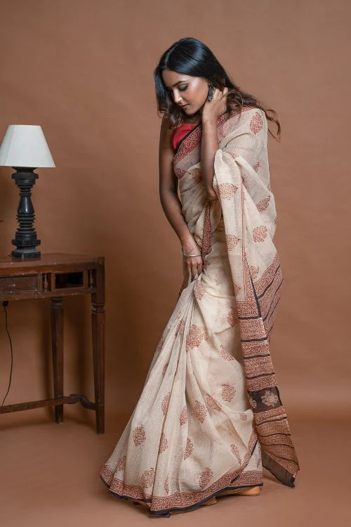 ICH Light & Breezy Bagru Hand Block Printed Kota Doria Saree - Beige Ornate - Image 8