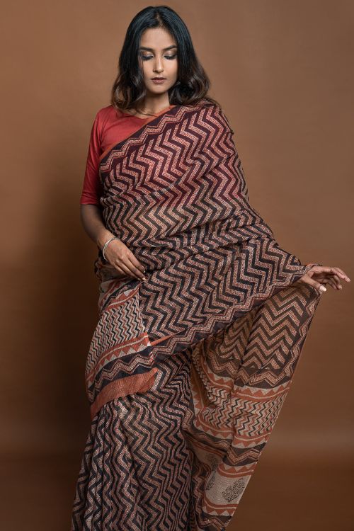 ICH Light & Breezy Bagru Hand Block Printed Kota Doria Saree - Black Zigzags - Image 2