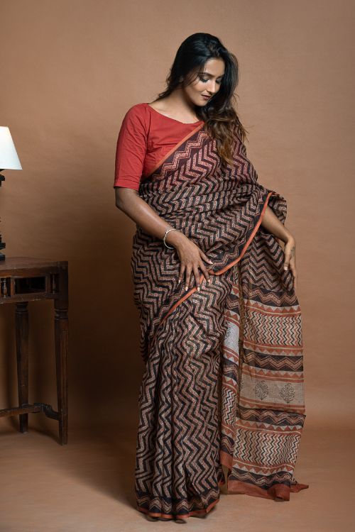 ICH Light & Breezy Bagru Hand Block Printed Kota Doria Saree - Black Zigzags - Image 8