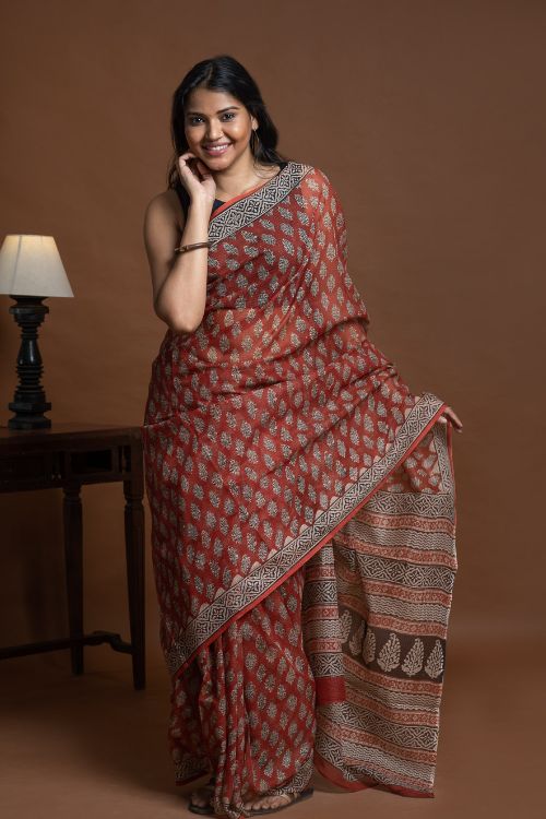 ICH Light & Breezy Bagru Hand Block Printed Kota Doria Saree - Red Flora - Image 4