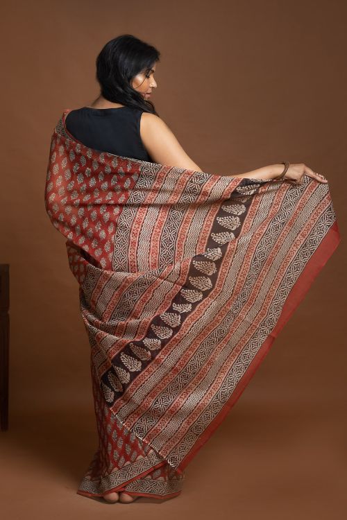 ICH Light & Breezy Bagru Hand Block Printed Kota Doria Saree - Red Flora - Image 6