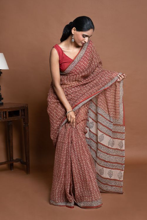 ICH Light & Breezy Bagru Hand Block Printed Kota Doria Saree - Red Jaal - Image 5