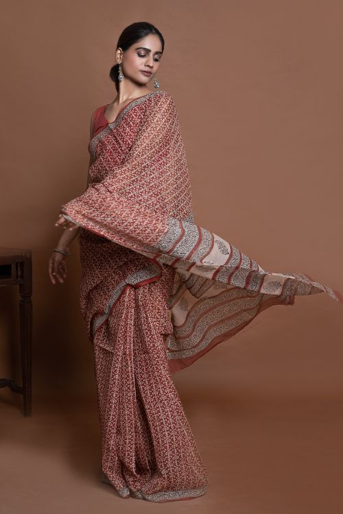 ICH Light & Breezy Bagru Hand Block Printed Kota Doria Saree - Red Jaal - Image 6