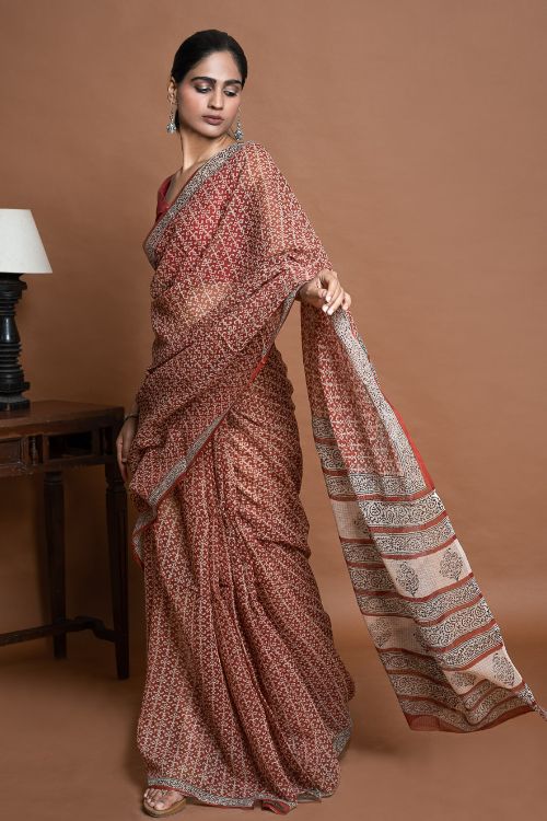 ICH Light & Breezy Bagru Hand Block Printed Kota Doria Saree - Red Jaal - Image 7