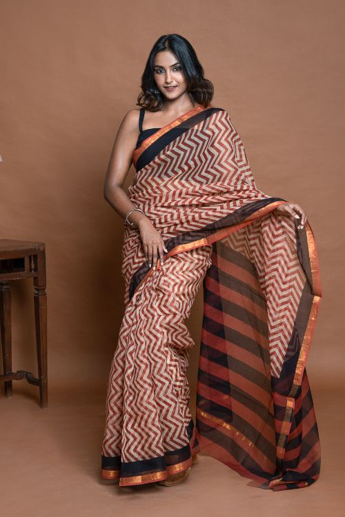 ICH Light & Breezy Bagru Hand Block Printed Kota Doria Saree - Red Zigzags - Image 14