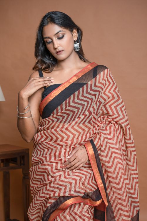 ICH Light & Breezy Bagru Hand Block Printed Kota Doria Saree - Red Zigzags - Image 2