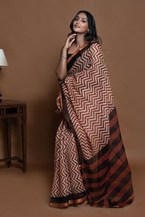 ICH Light & Breezy Bagru Hand Block Printed Kota Doria Saree - Red Zigzags - Image 3