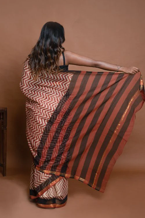 ICH Light & Breezy Bagru Hand Block Printed Kota Doria Saree - Red Zigzags - Image 4