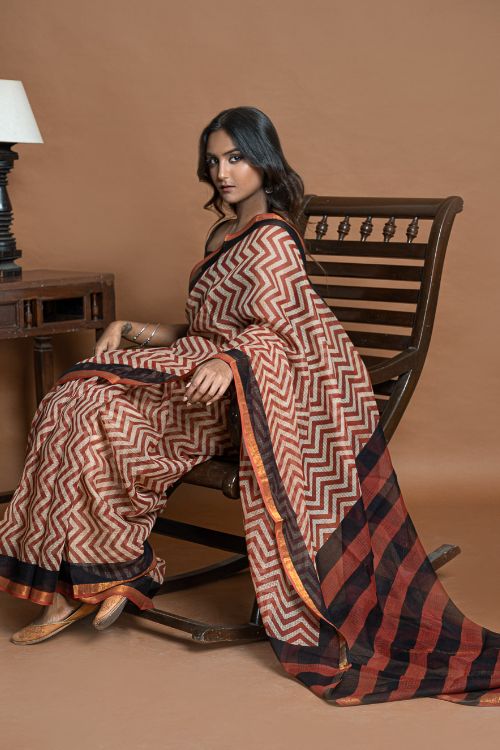 ICH Light & Breezy Bagru Hand Block Printed Kota Doria Saree - Red Zigzags - Image 6
