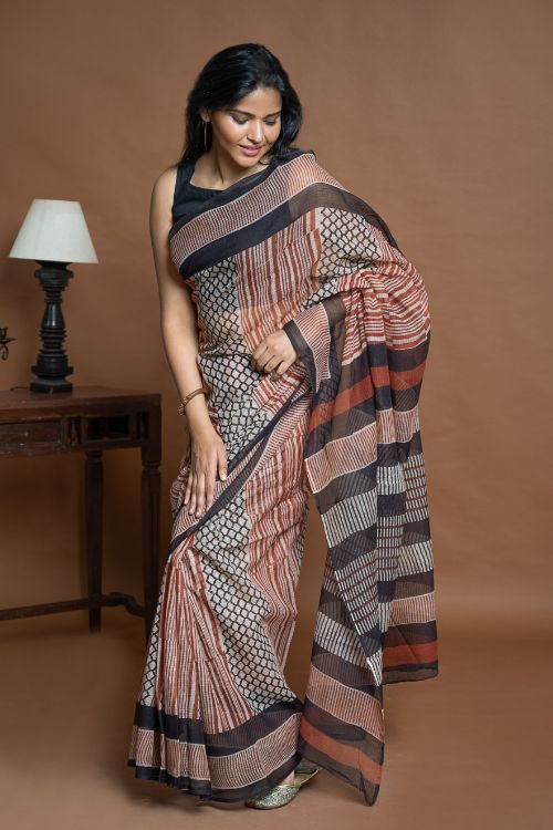 ICH Light & Breezy Bagru Hand Block Printed Kota Doria Saree - Striped Elegance - Image 10