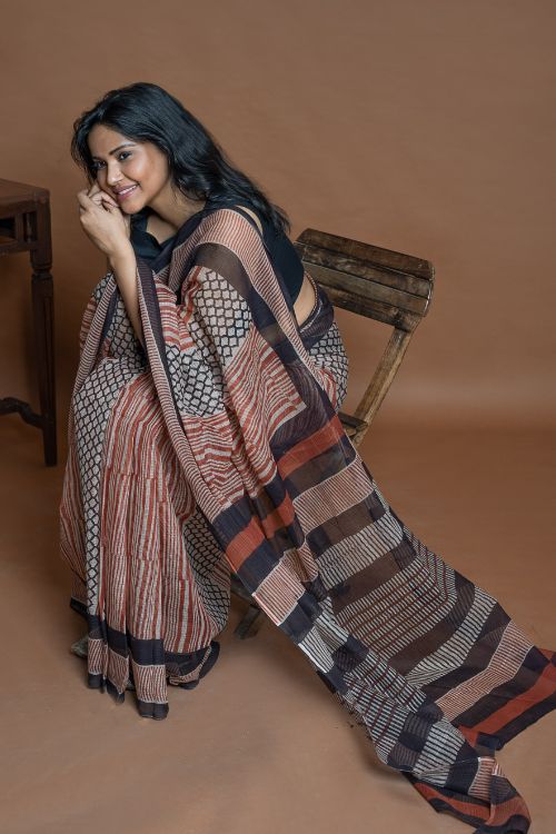ICH Light & Breezy Bagru Hand Block Printed Kota Doria Saree - Striped Elegance - Image 11
