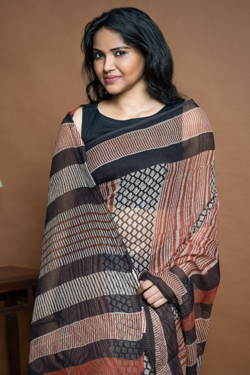 ICH Light & Breezy Bagru Hand Block Printed Kota Doria Saree - Striped Elegance - Image 2