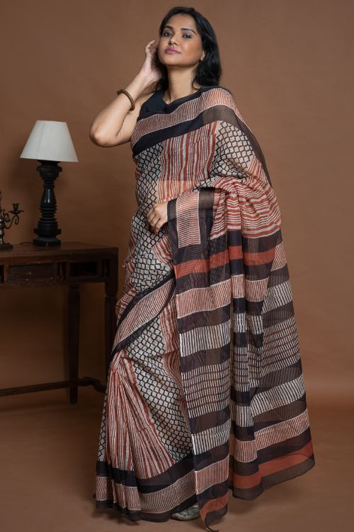 ICH Light & Breezy Bagru Hand Block Printed Kota Doria Saree - Striped Elegance - Image 3