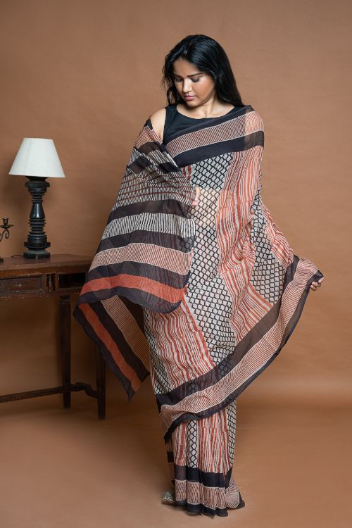 ICH Light & Breezy Bagru Hand Block Printed Kota Doria Saree - Striped Elegance - Image 6