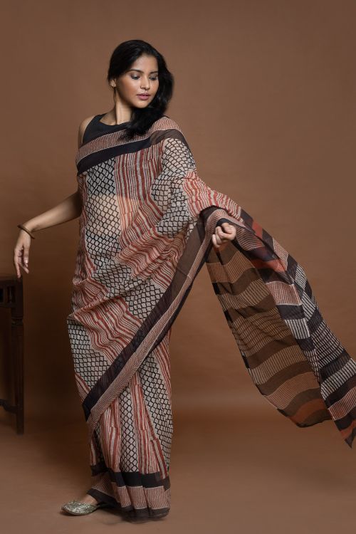 ICH Light & Breezy Bagru Hand Block Printed Kota Doria Saree - Striped Elegance - Image 9
