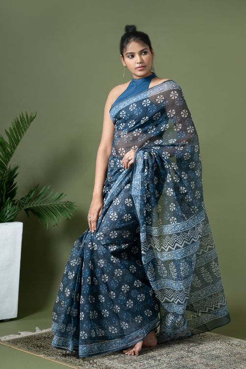 ICH Light & Breezy Dabu Hand Block Printed Kota Doria - Blue Daisy - Image 2
