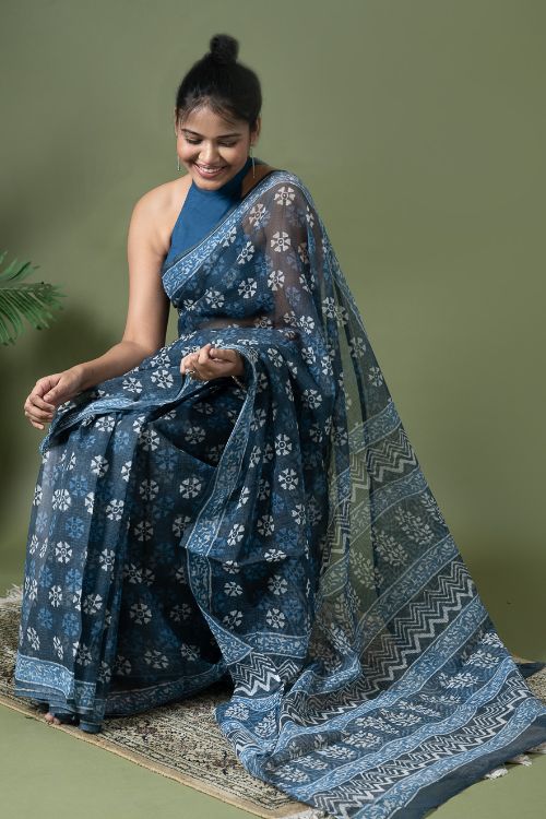 ICH Light & Breezy Dabu Hand Block Printed Kota Doria - Blue Daisy - Image 3