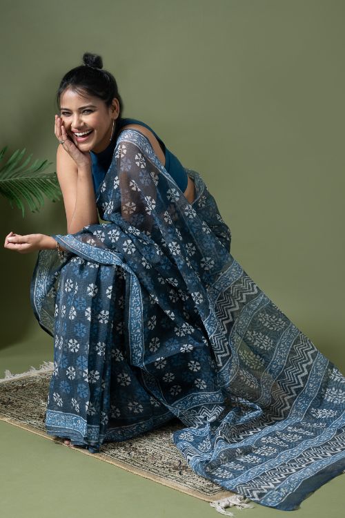 ICH Light & Breezy Dabu Hand Block Printed Kota Doria - Blue Daisy - Image 4
