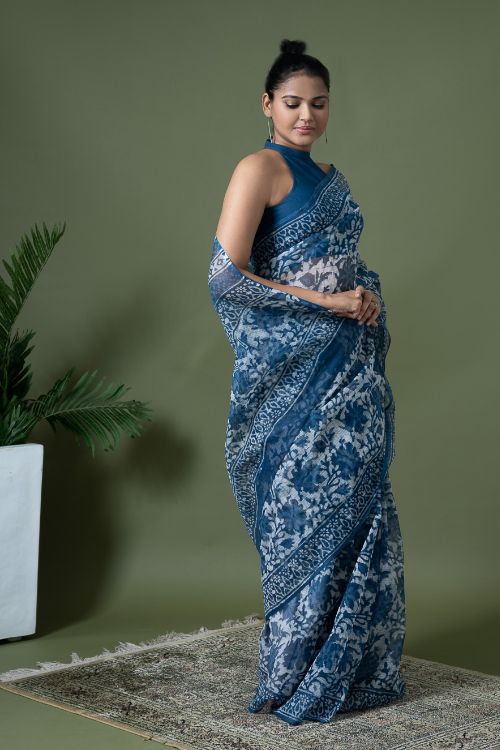 ICH Light & Breezy Dabu Hand Block Printed Kota Doria - Blue Floral - Image 3