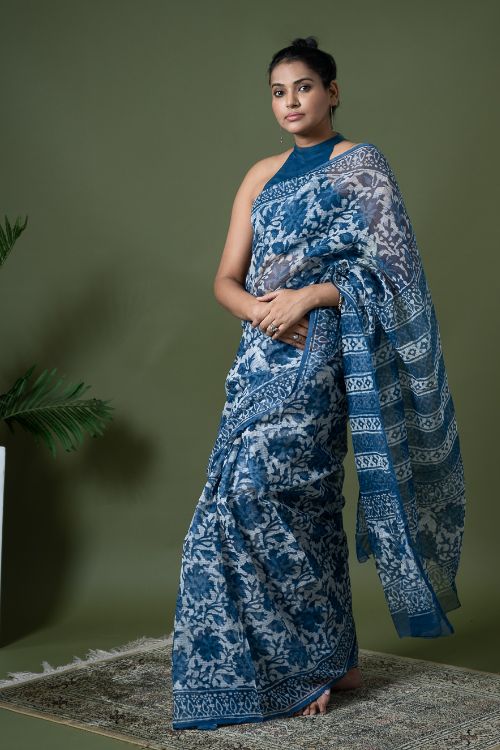 ICH Light & Breezy Dabu Hand Block Printed Kota Doria - Blue Floral - Image 4