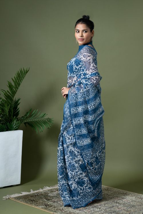 ICH Light & Breezy Dabu Hand Block Printed Kota Doria - Blue Floral - Image 5