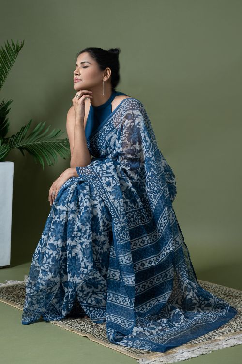 ICH Light & Breezy Dabu Hand Block Printed Kota Doria - Blue Floral - Image 7