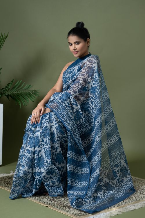ICH Light & Breezy Dabu Hand Block Printed Kota Doria - Blue Floral - Image 8