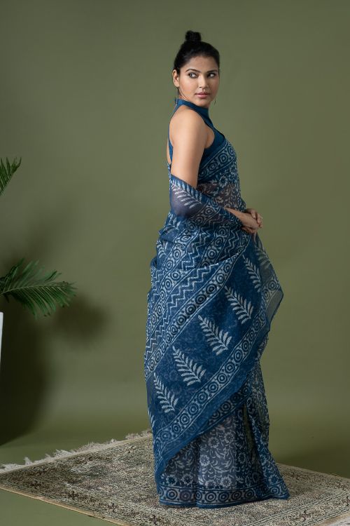 ICH Light & Breezy Dabu Hand Block Printed Kota Doria - Blue Flowers - Image 3