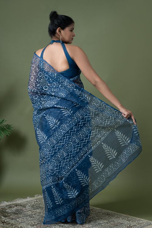 ICH Light & Breezy Dabu Hand Block Printed Kota Doria - Blue Flowers - Image 4