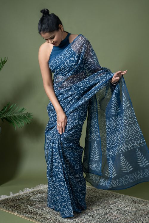 ICH Light & Breezy Dabu Hand Block Printed Kota Doria - Blue Flowers - Image 5