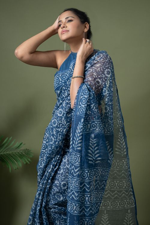 ICH Light & Breezy Dabu Hand Block Printed Kota Doria - Blue Flowers - Image 6